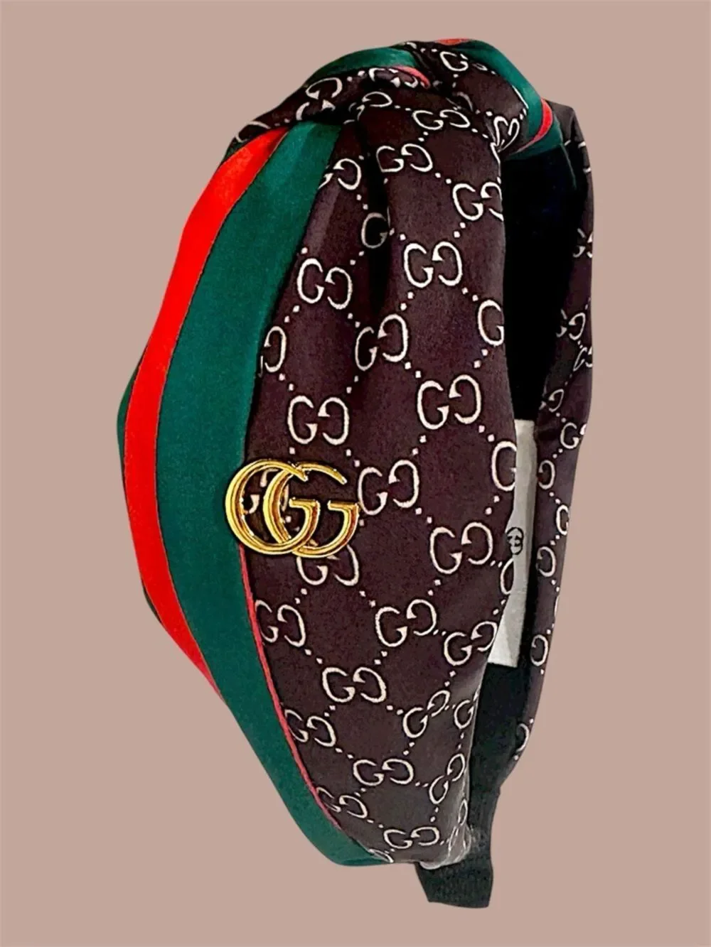 Brown GG Pattern Headband with Green and Red Stripe